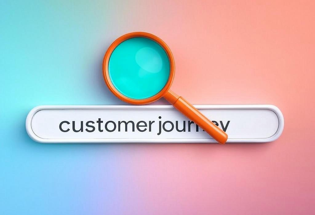 A search bar and a magnifying glass with a vivid gradient background exploring the topic of Customer journey mapping unlocks the secret to winning loyal fans. Discover how tracking your audience's path from awareness to purchase can supercharge your marketing ROI and boost conversions.