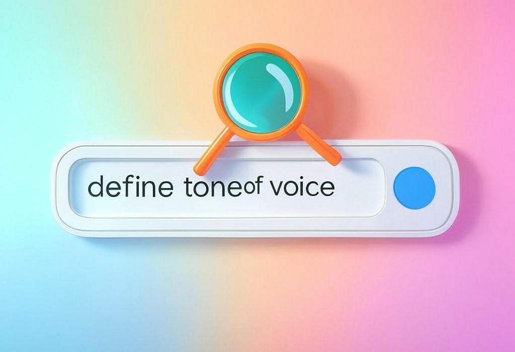 A search bar and a magnifying glass with a vivid gradient background exploring the topic of Define tone of voice easily with our insider tips! Discover how your brand can speak volumes without saying a word. Your audience is waiting for a voice they'll recognize anywhere.
