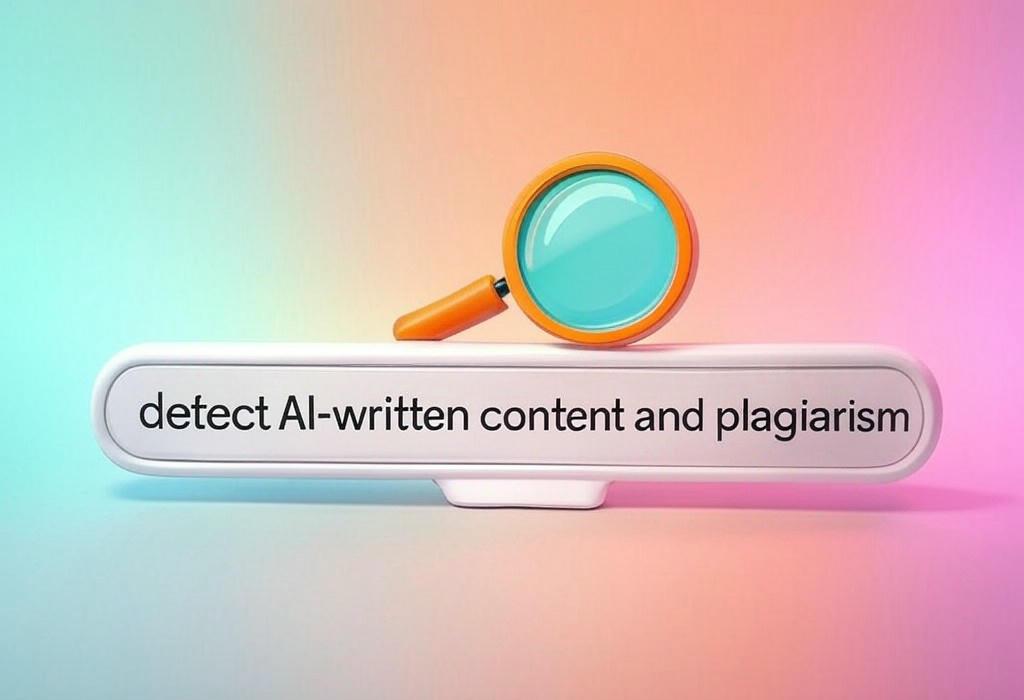 A search bar and a magnifying glass with a vivid gradient background exploring the topic of Detect AI-written content and plagiarism effortlessly with our foolproof tools. Unmask hidden copycats and protect your original work before it's too late!