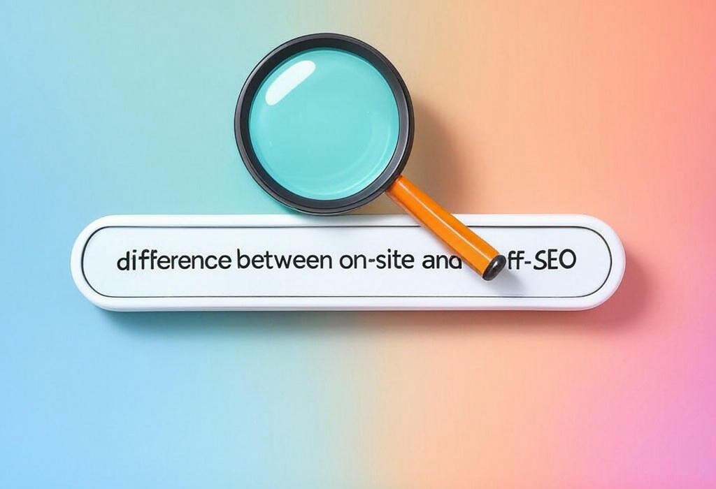 A search bar and a magnifying glass with a vivid gradient background exploring the topic of Discover the difference between on-site and off-site SEO in seconds! Unlock the secret formula top marketers use to rank higher, drive more traffic, and crush competitors. Don't miss these game-changing tactics!
