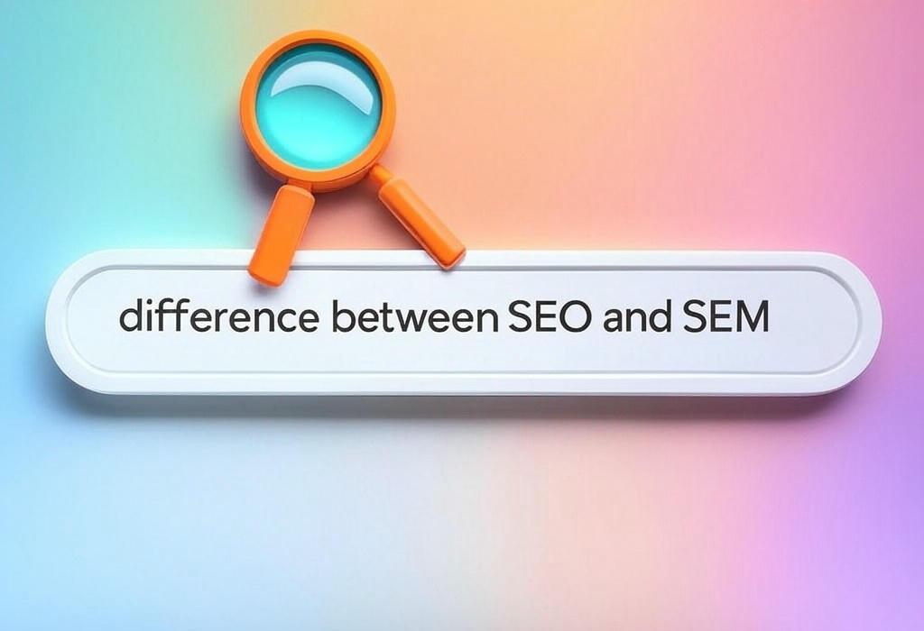 A search bar and a magnifying glass with a vivid gradient background exploring the topic of Difference between SEO and SEM? Discover how these digital marketing strategies work, when to use each, and which one gives you the best bang for your buck. Stop guessing, start growing!