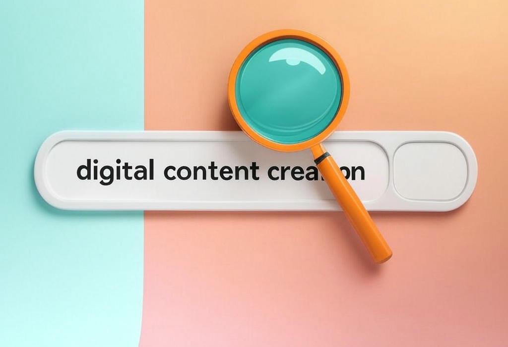 A search bar and a magnifying glass with a vivid gradient background exploring the topic of Digital content creation unlocks boundless opportunities for brands! Learn proven strategies to craft engaging content that boosts visibility, connects with your audience, and drives real results.