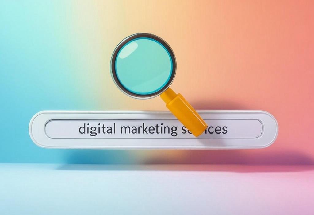 A search bar and a magnifying glass with a vivid gradient background exploring the topic of Unlock your online potential! Digital marketing services that skyrocket your business growth. Experts ready to boost your brand's visibility & sales. Get results, not promises.