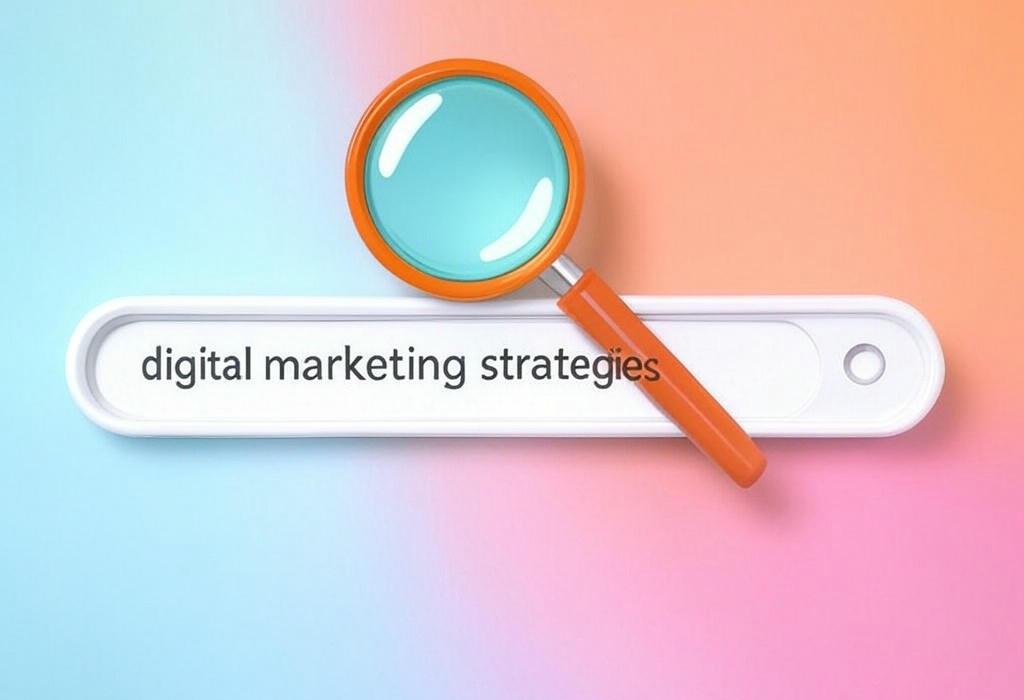 A search bar and a magnifying glass with a vivid gradient background exploring the topic of Digital marketing strategies that actually deliver results! Discover proven techniques to boost your online presence, attract more customers, and outshine competitors. Click for insider tips.