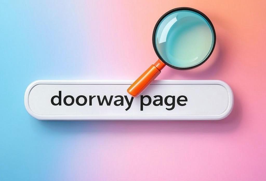 A search bar and a magnifying glass with a vivid gradient background exploring the topic of Doorway pages can get your site penalized by Google! Discover what these deceptive landing pages are, why they're risky for SEO, and how to avoid creating them unknowingly.