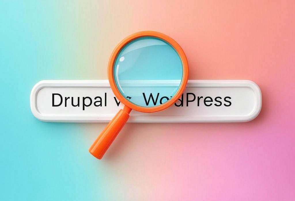 A search bar and a magnifying glass with a vivid gradient background exploring the topic of Drupal vs WordPress: Which CMS reigns supreme? Discover the insider secrets, key differences, and find out which platform perfectly matches your website needs. Don't choose until you read this!