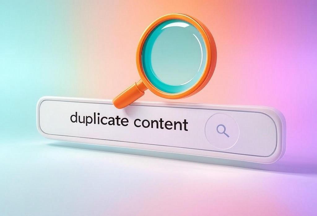 A search bar and a magnifying glass with a vivid gradient background exploring the topic of Duplicate content can tank your rankings! Learn how to find and fix these website clones that confuse search engines and hurt your SEO. Get quick solutions now.