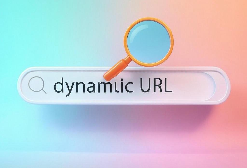 A search bar and a magnifying glass with a vivid gradient background exploring the topic of Dynamic URLs contain parameters that change page content. Learn how they impact your SEO and discover simple tricks to make them more search-friendly without sacrificing functionality.