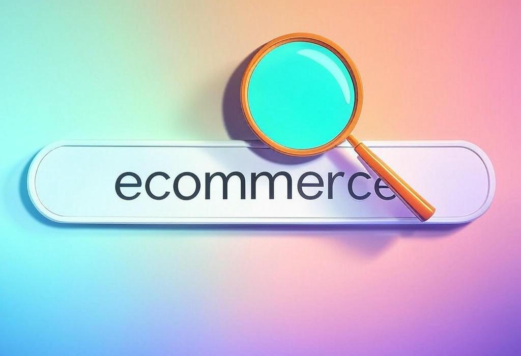 A search bar and a magnifying glass with a vivid gradient background exploring the topic of Ecommerce made simple: Discover how to sell online, build a profitable storefront, and turn your products into profits without the complex tech jargon. Start your digital sales journey today!