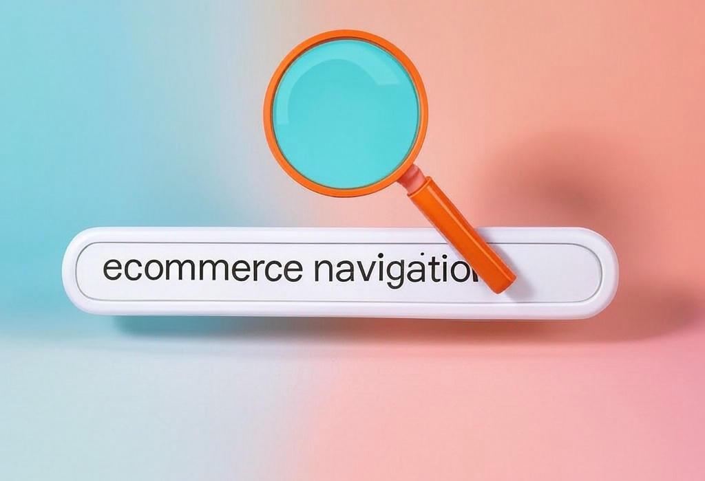 A search bar and a magnifying glass with a vivid gradient background exploring the topic of Ecommerce navigation secrets that skyrocket sales! Discover simple tweaks to slash bounce rates, boost conversions, and create shopping experiences your customers will rave about. Start optimizing today!