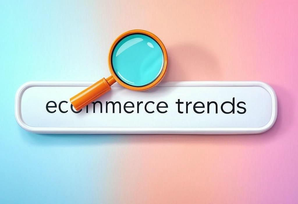A search bar and a magnifying glass with a vivid gradient background exploring the topic of Discover ecommerce trends that'll transform your online business. From AI shopping to social selling, these game-changing strategies will skyrocket your sales. Don't get left behind!