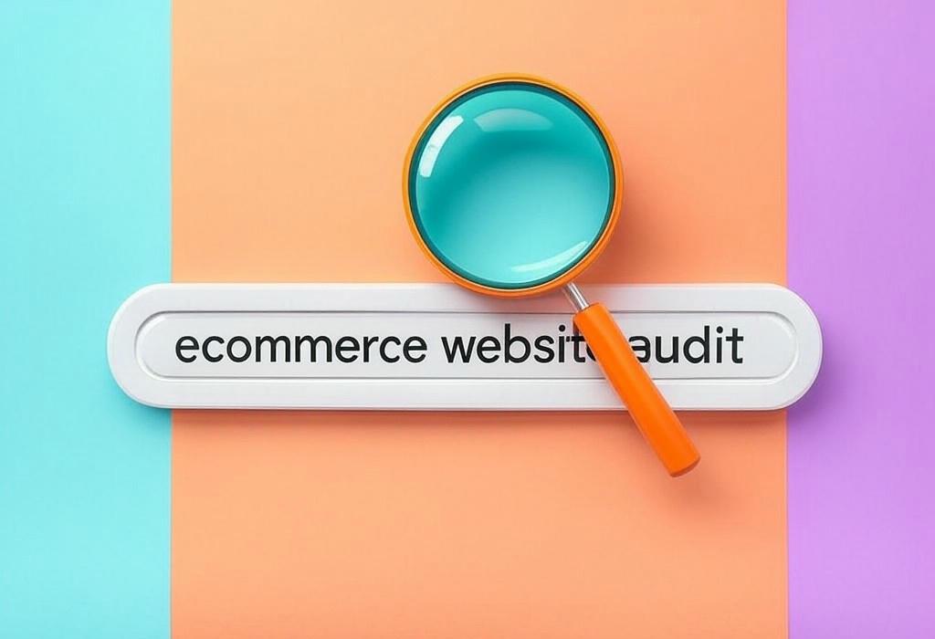 A search bar and a magnifying glass with a vivid gradient background exploring the topic of Ecommerce website audit: Unlock hidden profits by fixing critical issues that tank your sales. Discover the secrets top stores use to boost conversions and revenue before your competitors do!
