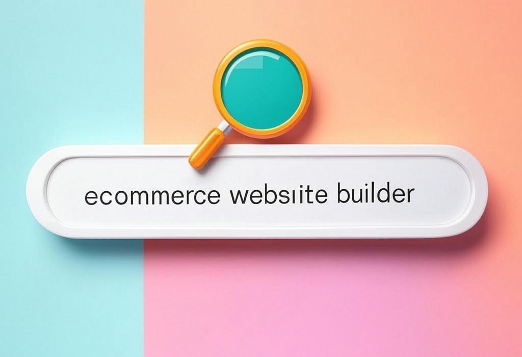 A search bar and a magnifying glass with a vivid gradient background exploring the topic of Looking for an ecommerce website builder? Compare top platforms that make selling online simple. Create your store with zero coding and start making sales fast!