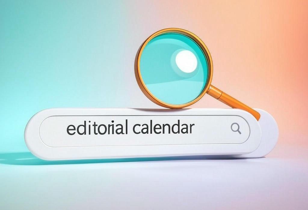 A search bar and a magnifying glass with a vivid gradient background exploring the topic of An editorial calendar is your secret weapon for content success! Learn how to plan, organize, and execute winning content that drives traffic and engagement. Never miss a deadline again!