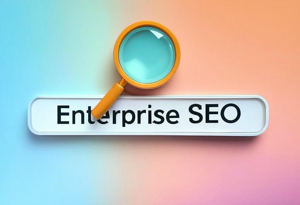 A search bar and a magnifying glass with a vivid gradient background exploring the topic of Enterprise SEO isn't just for big companies. Discover our proven strategies that boost visibility, drive traffic, and outrank competitors in highly competitive markets. Ready to dominate?