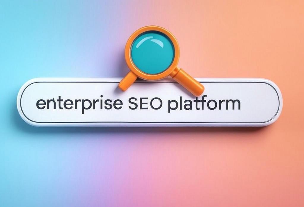A search bar and a magnifying glass with a vivid gradient background exploring the topic of Enterprise SEO platform: Transform your search visibility with powerful tools that scale. Discover how to manage multiple domains, track competitors, and drive more traffic without breaking a sweat.