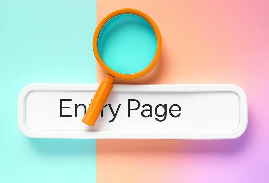 A search bar and a magnifying glass with a vivid gradient background exploring the topic of Entry pages are your website's first impression! Discover how to optimize these crucial landing spots to captivate visitors, reduce bounce rates, and convert casual browsers into loyal customers.