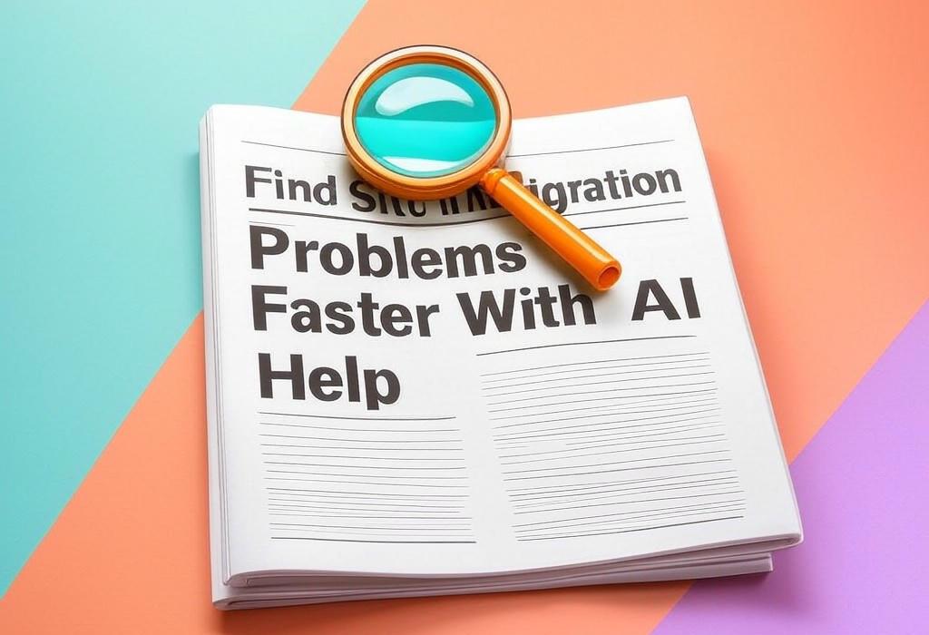 A newspaper and a magnifying glass with a vivid gradient background exploring the topic of Identify migration issues instantly? AI helps find costly site move errors fast. Learn the smart checks to protect your rankings before it's too late.