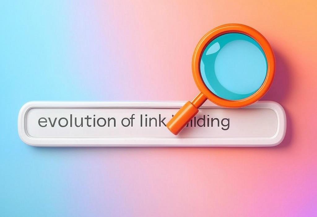 A search bar and a magnifying glass with a vivid gradient background exploring the topic of The evolution of link building has transformed how websites rank. Discover the game-changing strategies that boosted SEO success and how you can leverage these techniques to outrank your competitors.