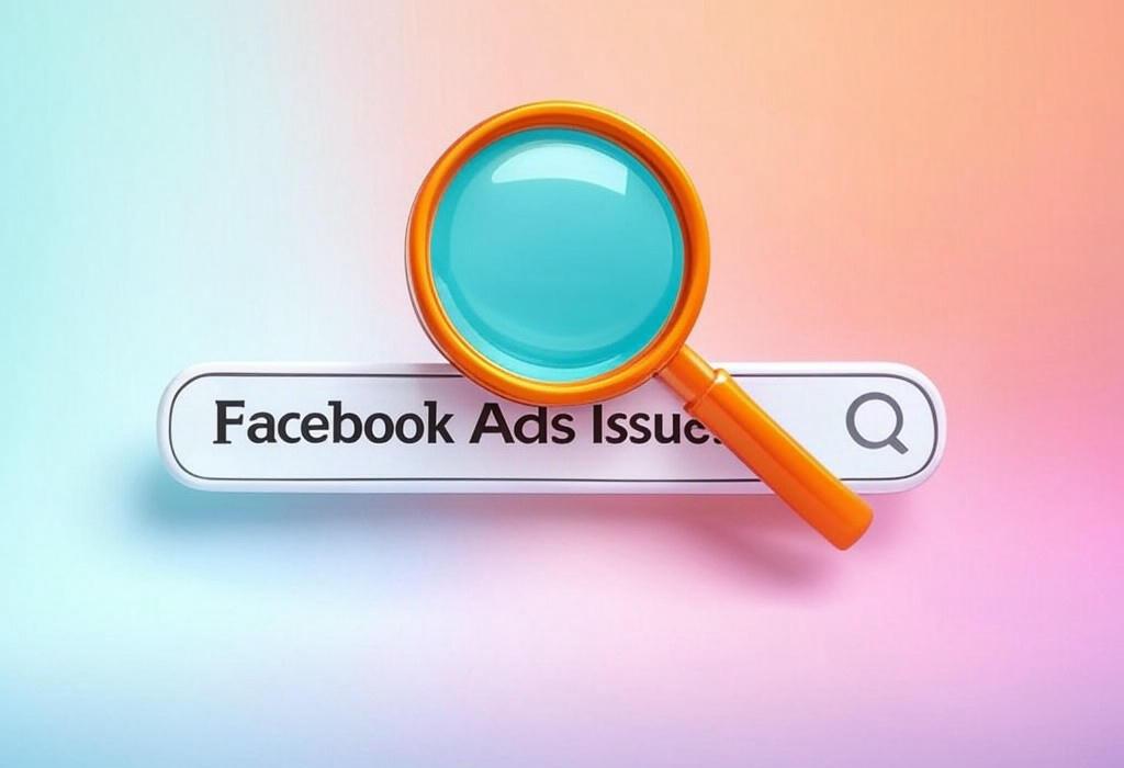 A search bar and a magnifying glass with a vivid gradient background exploring the topic of Facebook Ads Issues got you frustrated? Discover expert fixes for common problems and boost your campaign performance. Say goodbye to wasted ad spend and hello to better ROI!
