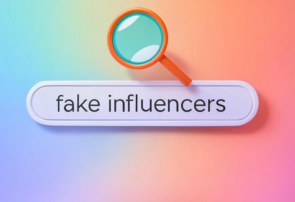 A search bar and a magnifying glass with a vivid gradient background exploring the topic of Fake influencers drain your marketing budget with zero ROI. Discover 7 telltale signs to spot them and learn how to partner with authentic creators who actually drive results.