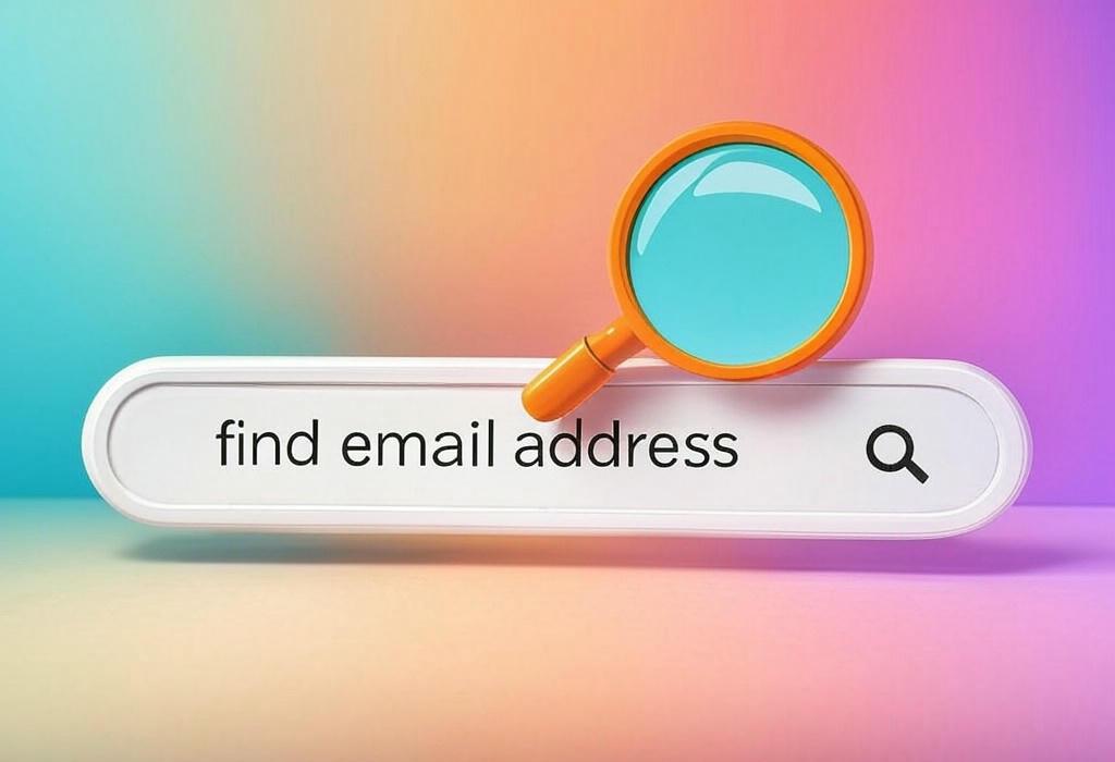 A search bar and a magnifying glass with a vivid gradient background exploring the topic of Find email addresses quickly with our proven techniques. Unlock access to anyone's inbox and make meaningful connections. Never hit a dead end in your outreach again!