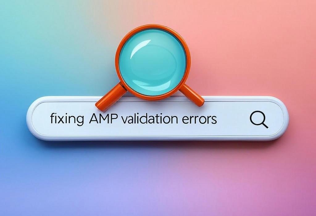 A search bar and a magnifying glass with a vivid gradient background exploring the topic of Fixing AMP validation errors just got easier! Learn expert troubleshooting techniques to boost mobile speed and skyrocket your search rankings with our quick step-by-step guide.