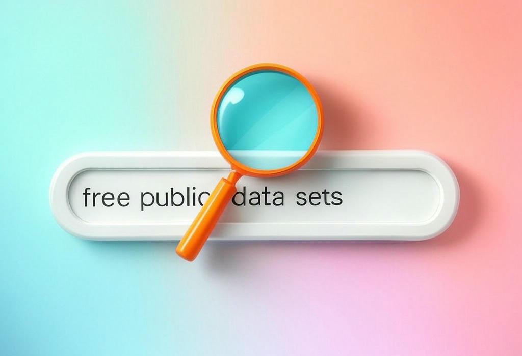 A search bar and a magnifying glass with a vivid gradient background exploring the topic of Free public data sets unlock hidden insights! Discover 10+ amazing sources for research, analysis, and visualization that experts don't want you to know about.