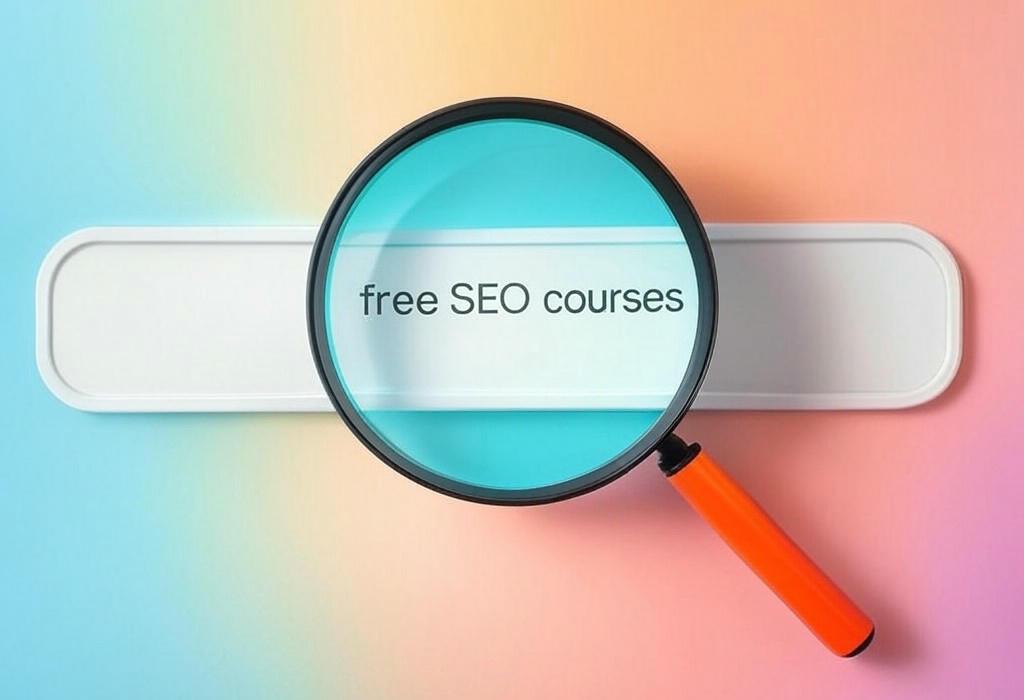 A search bar and a magnifying glass with a vivid gradient background exploring the topic of Free SEO courses that actually work! Discover proven strategies to boost your website's ranking without spending a dime. Start climbing the search results today.