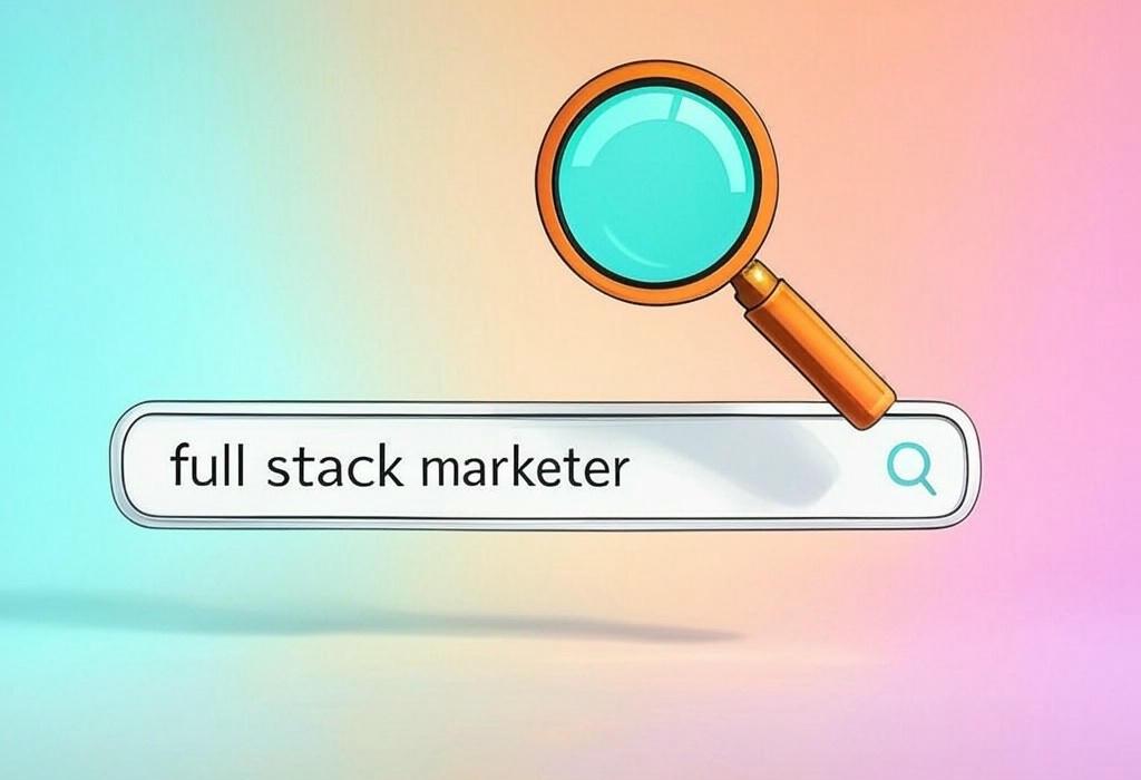 A search bar and a magnifying glass with a vivid gradient background exploring the topic of Discover what a full stack marketer truly is and why they're secretly the most sought-after professionals. Master multiple skills to skyrocket your career and outshine competitors.