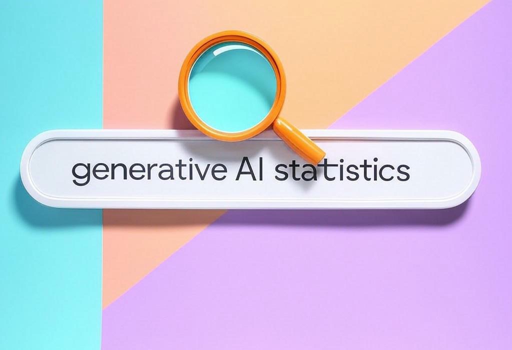 A search bar and a magnifying glass with a vivid gradient background exploring the topic of Generative AI statistics reveal mind-blowing trends that are reshaping industries. Discover surprising numbers that will make you rethink how businesses compete in the AI revolution.