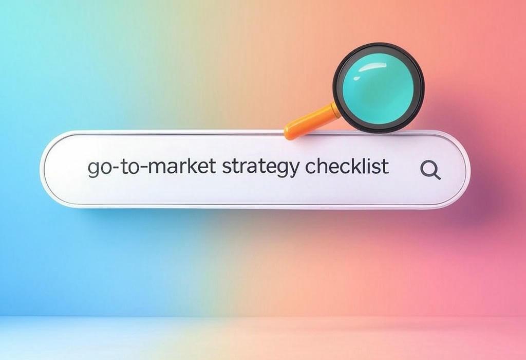 A search bar and a magnifying glass with a vivid gradient background exploring the topic of Unlock your business potential with our go-to-market strategy checklist! Master product launch success and avoid costly mistakes with these expert tips for market domination. Ready to skyrocket sales?