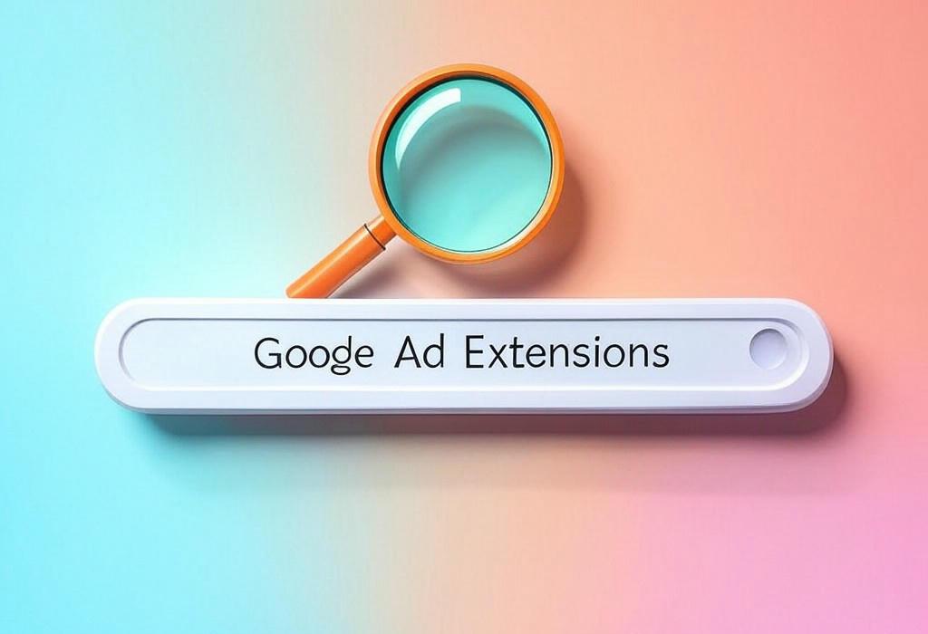 A search bar and a magnifying glass with a vivid gradient background exploring the topic of Google Ad Extensions boost your campaigns with extra information and links. Unlock higher CTR and better conversions by giving searchers more reasons to click. Learn how to set them up in minutes!