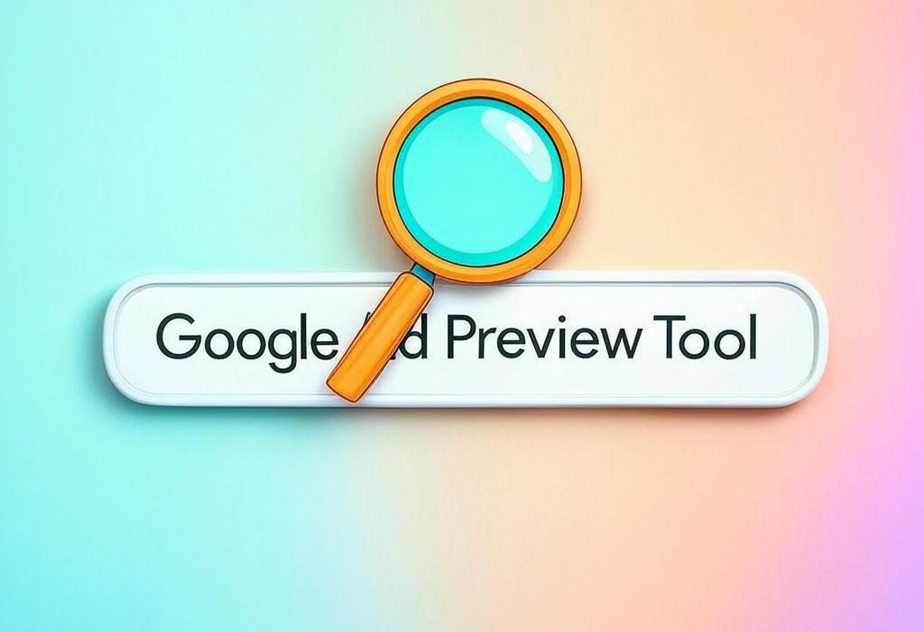 A search bar and a magnifying glass with a vivid gradient background exploring the topic of Google Ad Preview Tool lets you see exactly how your ads appear in search results without triggering impressions. Peek behind the curtain and optimize your campaigns for better ROI!