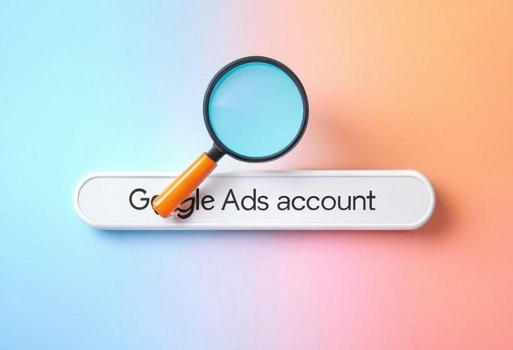 A search bar and a magnifying glass with a vivid gradient background exploring the topic of Set up your Google Ads account in minutes! Learn expert tips to create campaigns that drive traffic, boost conversions, and maximize ROI without wasting your budget. Start growing today!