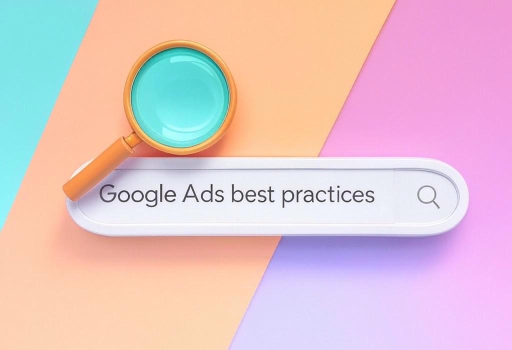 A search bar and a magnifying glass with a vivid gradient background exploring the topic of Google Ads best practices that actually work! Discover insider tricks to slash costs and boost conversions. Stop wasting money and start seeing real results with these proven strategies.
