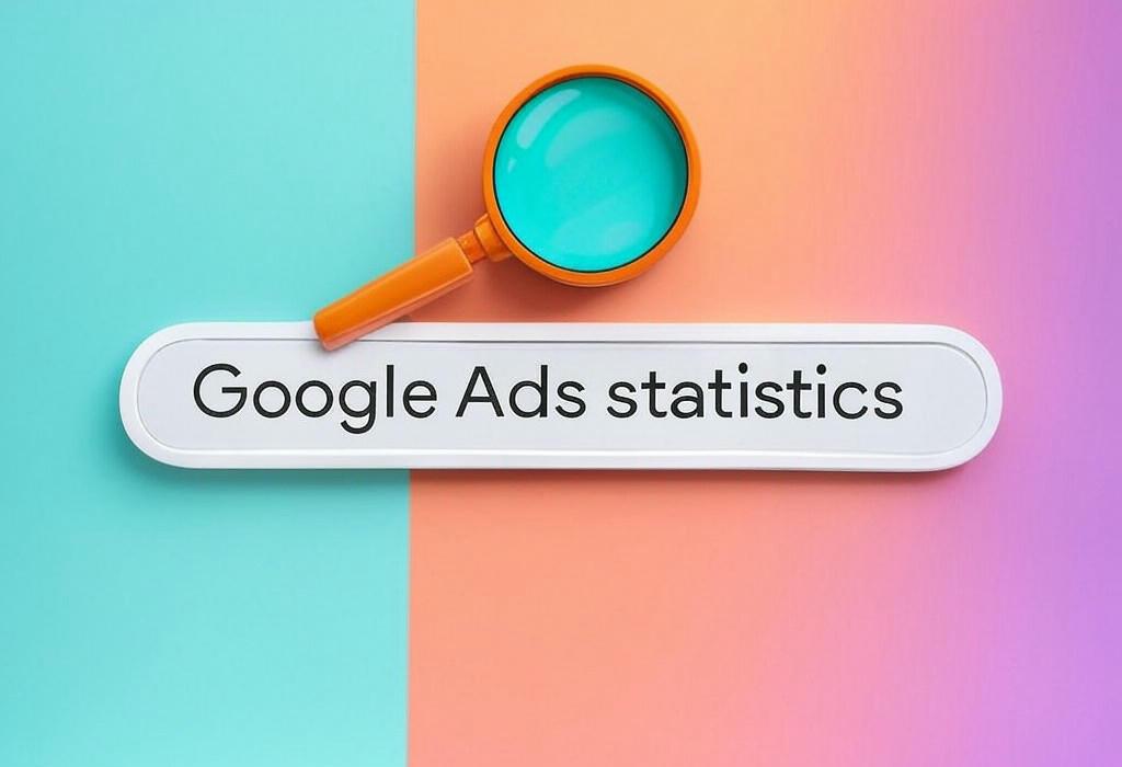 A search bar and a magnifying glass with a vivid gradient background exploring the topic of Google Ads statistics reveal shocking ROI numbers most marketers miss! Discover platform trends, conversion rates, and secrets that could transform your campaigns. Why are top brands spending more?