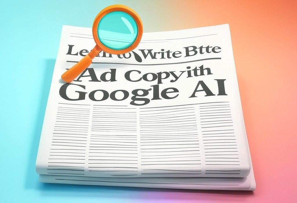 A newspaper and a magnifying glass with a vivid gradient background exploring the topic of Ad copy magic! Google AI writes ads that actually convert. Ditch the guesswork, grab more clicks, and unlock the how-to secrets now.
