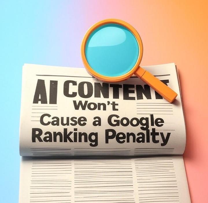 A newspaper and a magnifying glass with a vivid gradient background exploring the topic of AI-generated content is safe from Google penalties... for now. But there's a catch. Find out Google's official stance and what it means for your website's future.