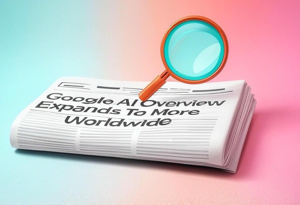 A newspaper and a magnifying glass with a vivid gradient background exploring the topic of Google AI Overview expands coverage! Find out which new regions and languages now see AI summaries in search results. Is yours included? Learn more now.