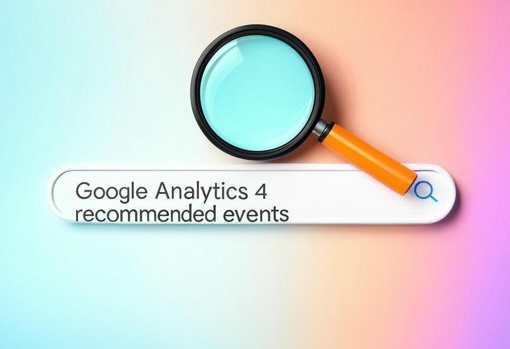 A search bar and a magnifying glass with a vivid gradient background exploring the topic of Google Analytics 4 recommended events are your secret weapon for tracking visitor actions that matter. Discover how to set up these powerful events and unlock insights that will transform your website's performance.