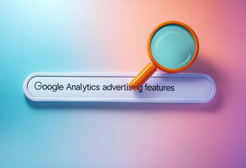 A search bar and a magnifying glass with a vivid gradient background exploring the topic of Google Analytics advertising features unlock hidden revenue potential! Discover powerful tools to track campaigns, understand audience behavior, and boost conversions. Start maximizing your marketing ROI today.