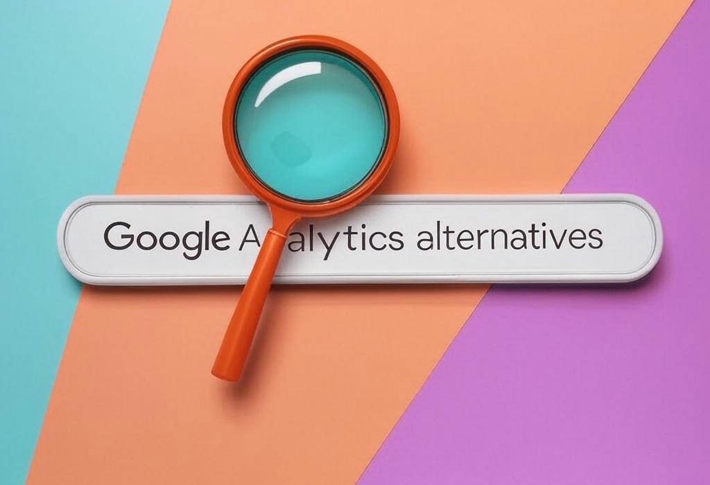 A search bar and a magnifying glass with a vivid gradient background exploring the topic of Looking for Google Analytics alternatives? Discover powerful tools that give you better insights, protect privacy, and make tracking easier. Stop settling for less with your data!