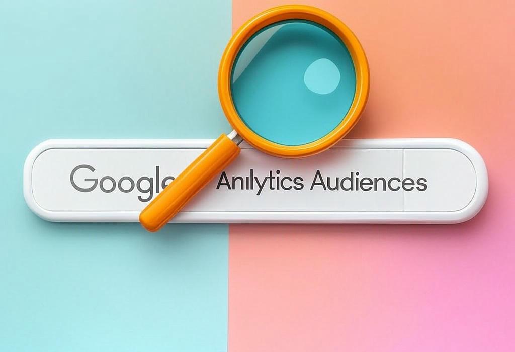 A search bar and a magnifying glass with a vivid gradient background exploring the topic of Google Analytics Audiences unveiled: Discover how to segment visitors, personalize marketing, and skyrocket conversions. Master targeting techniques the pros don't want you to know!