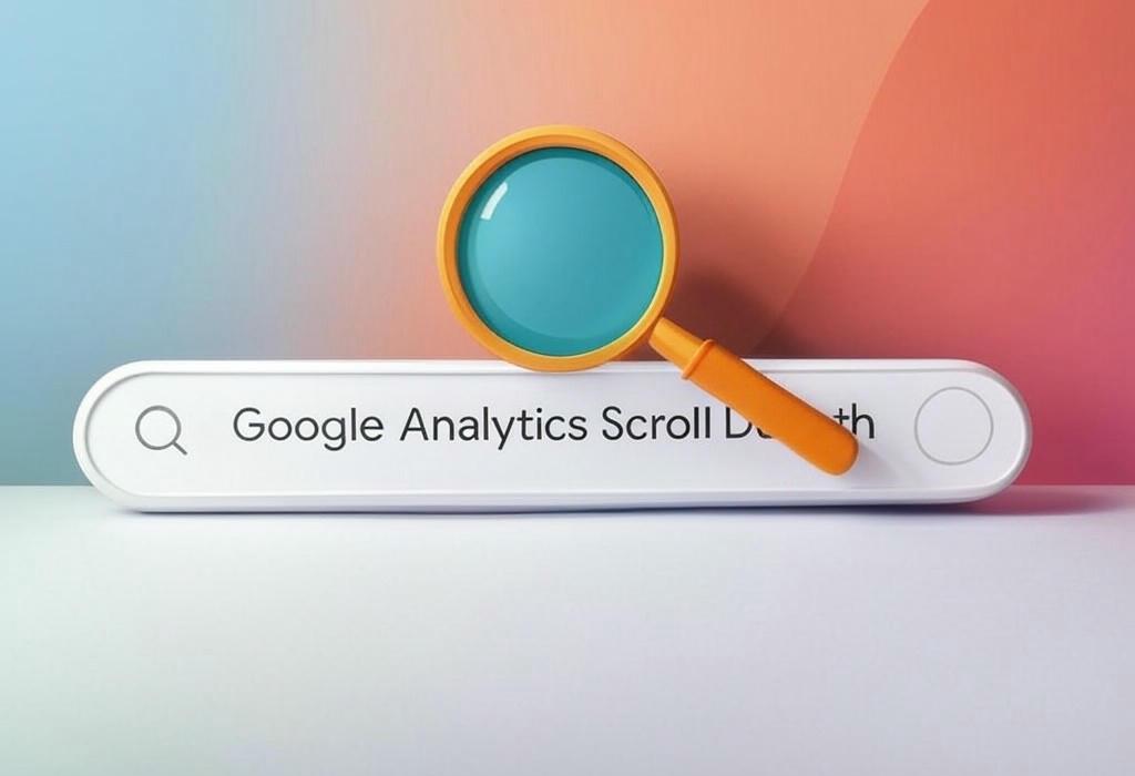 A search bar and a magnifying glass with a vivid gradient background exploring the topic of Google Analytics Scroll Depth tracking reveals how far visitors actually read your content. Unlock hidden engagement insights and boost conversions with this simple yet powerful website metric.