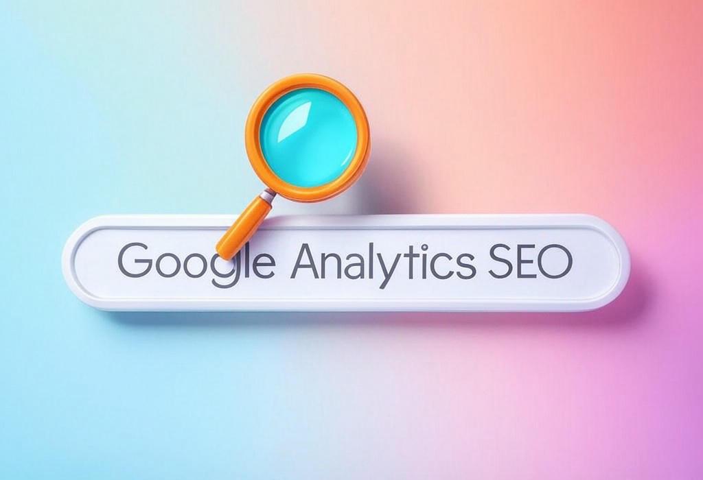 A search bar and a magnifying glass with a vivid gradient background exploring the topic of Google Analytics SEO: Unlock hidden website secrets and supercharge your rankings! Discover powerful techniques to analyze traffic, track performance, and turn data insights into higher search visibility. Start dominating SERPs today.