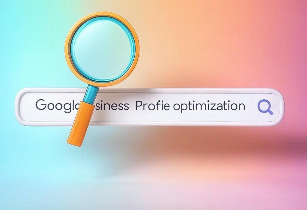 A search bar and a magnifying glass with a vivid gradient background exploring the topic of Google Business Profile optimization unleashes your local visibility! Discover insider tricks to rocket your rankings, attract more customers, and outshine competitors with our proven step-by-step guide.