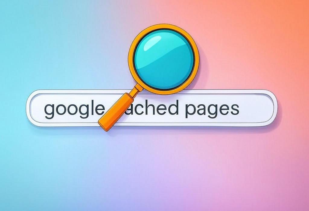 A search bar and a magnifying glass with a vivid gradient background exploring the topic of Google cached pages let you see websites even when they're down. Discover how to access these time-machine snapshots and why they're your secret weapon for content recovery.