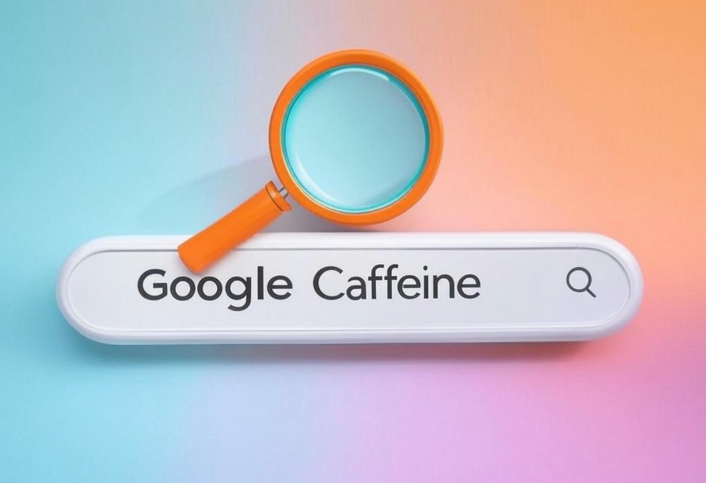 A search bar and a magnifying glass with a vivid gradient background exploring the topic of Google Caffeine revolutionized search indexing, making results fresher and faster than ever before. Discover how this game-changing update transformed the way we find information online!
