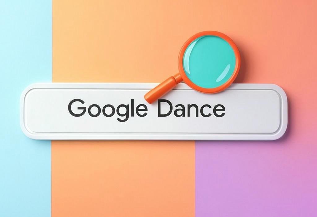A search bar and a magnifying glass with a vivid gradient background exploring the topic of Google Dance: Discover why your rankings suddenly shuffle and drop. Learn how to stay calm during these algorithm updates and keep your site visible when search results go wild.